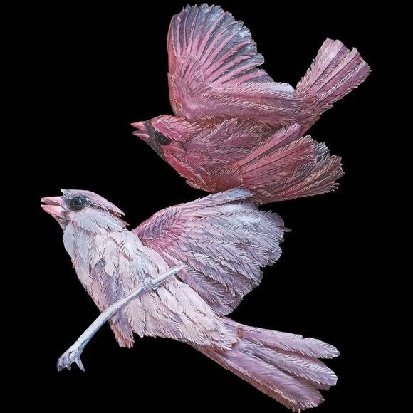 Vintage MCM Feather Art Shadow Box  3D Art Pastel Birds Artisan Handcrafted - Picture 10 of 15